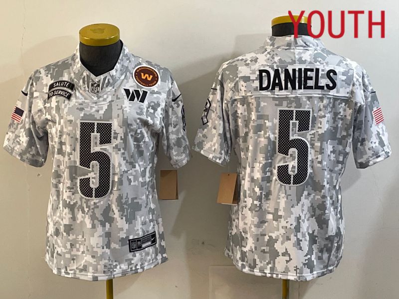 Youth Washington Commanders #5 Daniels Nike Arctic Camo 2024 Salute to Service Limited NFL Jersey style 1->youth nfl jersey->Youth Jersey